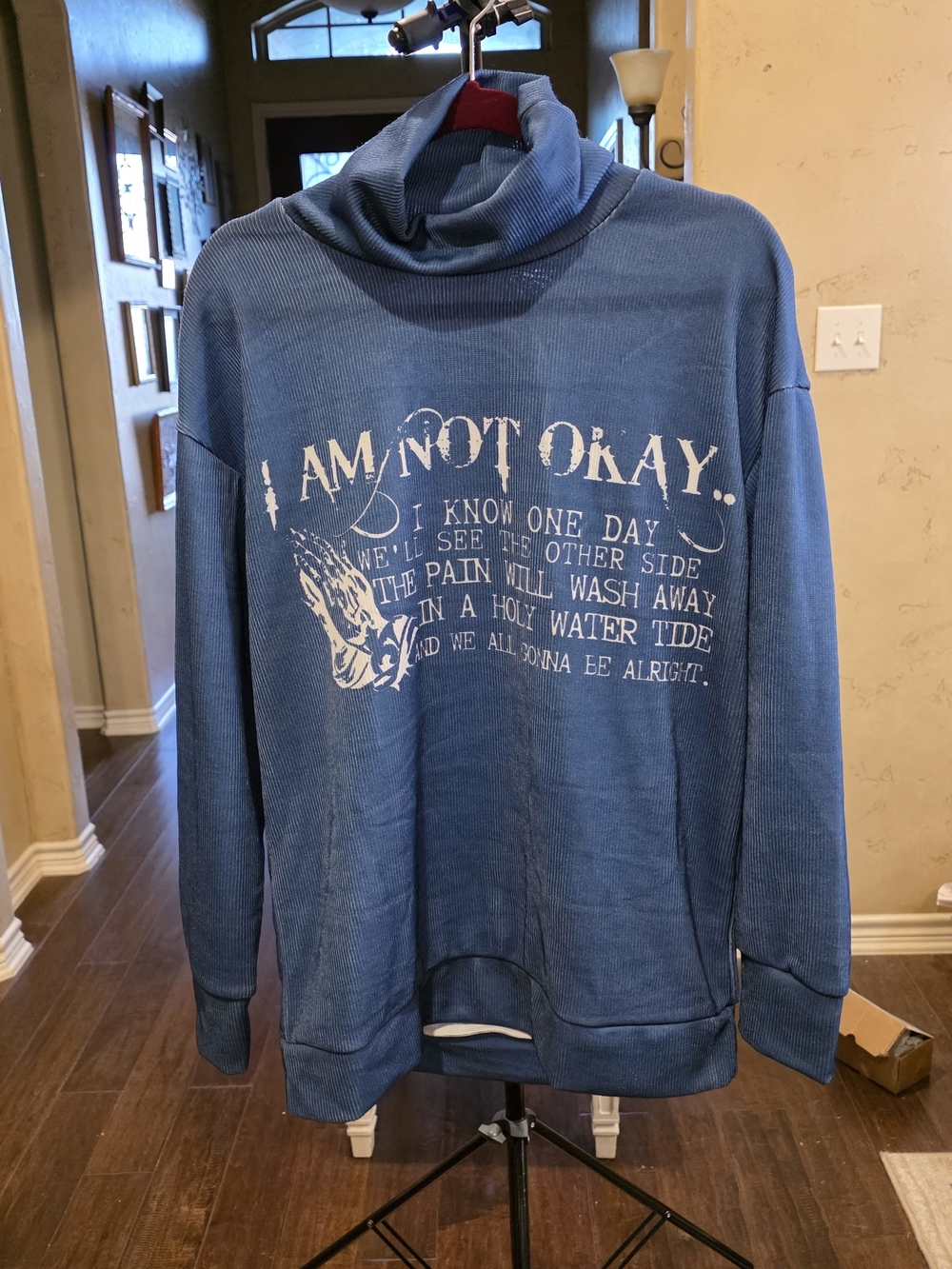 Women’s Blue Graphic Cowl Neck Sweatshirt “I Am Not Okay” Medium New
